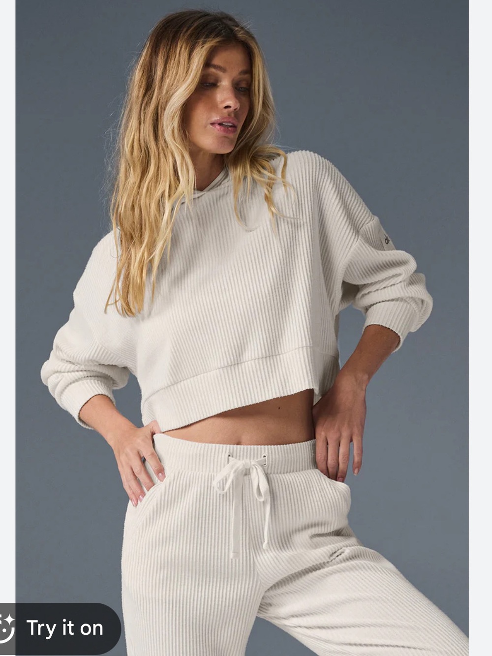 Alo Muse Cream Ribbed Cropped Hoodie